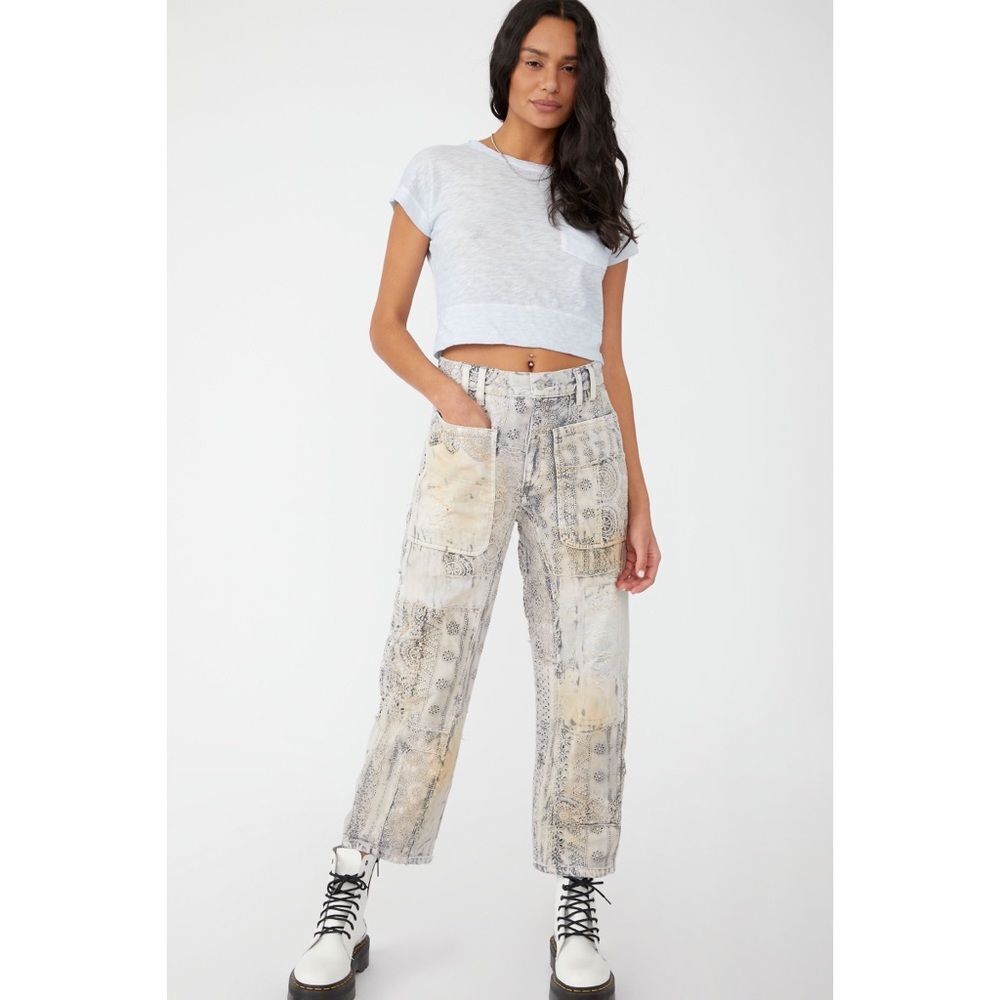 Free People x We The Free Rancher Slouchy Eyelet Lace Jeans Slate $228 Sz 24